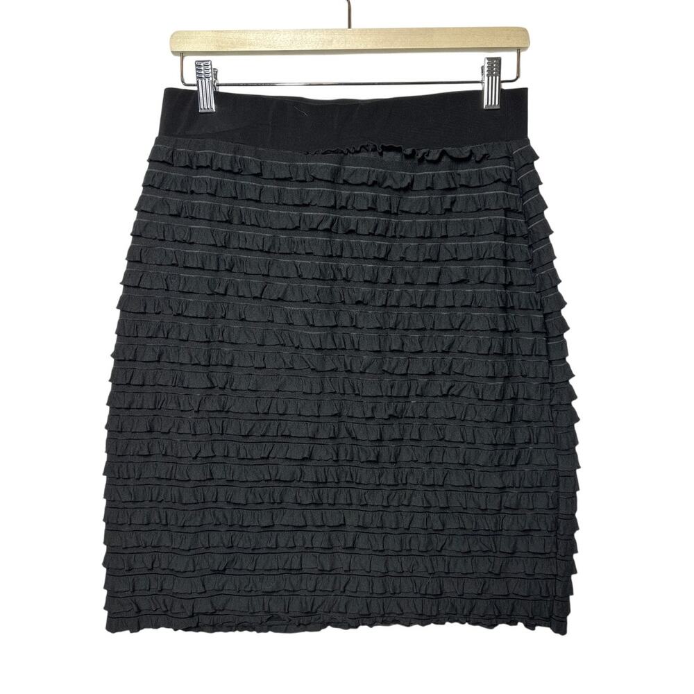 St Tropez West Knee Length Pencil Skirt Tiered Ruffles Black Pull On Size L